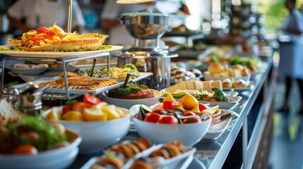 A lavish breakfast spread at a luxury hotel, featuring a variety of foods from a modern resort...