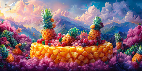 Fantastical landscape of tropical fruits and flowers, ideal for creative and dreamy food...