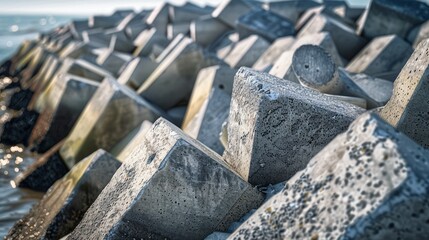 A close view of concrete tetrapod breakwater stones stacked intricately in a wave breaker