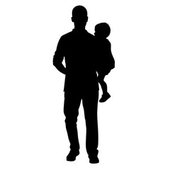 Father walking with his baby in his arms vector silhouette, black color silhouette