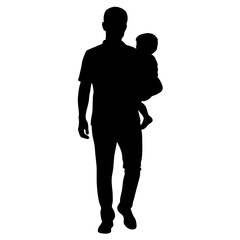 Father walking with his baby in his arms vector silhouette, black color silhouette