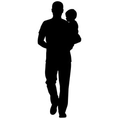 Father walking with his baby in his arms vector silhouette, black color silhouette