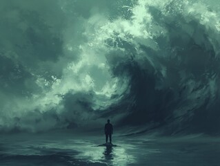 A man stands on a beach in front of a huge wave. Scene is one of fear and uncertainty, as the man is alone and facing the powerful force of the ocean