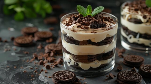 A decadent layered dessert featuring creamy cheese cake with vanilla and chocolate cookie layers,