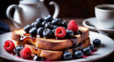 French cinnamon toast with blueberries, raspberries, maple syrup and coffee.