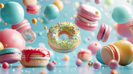 A playful and whimsical scene of donuts, cupcakes, macarons, and candies floating among vibrant, colorful balls against a vivid blue background