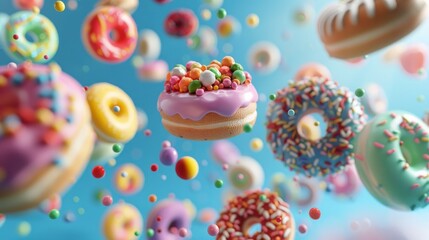A playful and whimsical scene of donuts, cupcakes, macarons, and candies floating among vibrant, colorful balls against a vivid blue background