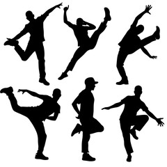 Hip-hop artist of dance on white background, different kind of position vector silhouette