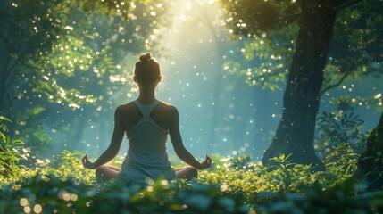 A Peaceful Scene of a Woman Practicing Yoga in a Vibrant Forest, Capturing the Tranquility of Relaxation Time
