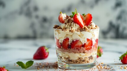 A luscious Italian strawberry tiramisu, featuring layers of mascarpone and whipped cream, savoyardi crumbs, and fresh strawberries, elegantly served in a glass on a marble surface