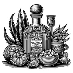 tequila bottle, surrounded by agave plants, limes, and a mortar with agave leaves sketch engraving generative ai PNG illustration. Scratch board imitation. Black and white image.