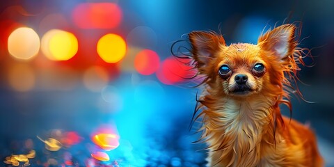 Cute Chihuahua with frizzy hair in urban street at night. Concept Pet Photography, Urban Setting, Chihuahua Breed, Nighttime Portraits