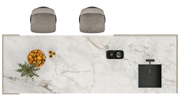 top view of kitchen island, white marble top, isolated on transparent background