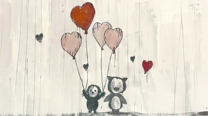  Bear and Panda holding heart-shaped balloons under rain