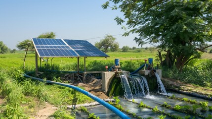 Sustainable Agriculture: Solar-Powered Irrigation in Lush Green Fields
