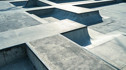 A panoramic view of an empty skatepark featuring a series of smooth concrete ramps, bowls, and rails designed for skateboarding