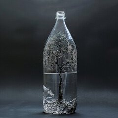 World Environment Day: Tree in Plastic Bottle, Gray Colors. Copy Space Banner. Generative AI