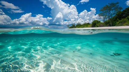 Fototapeta premium A pristine underwater scene showcasing a tropical blue ocean paired with white sand