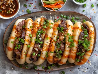 A plate of six buns with meat and vegetables on top. The plate is on a table with a bowl of sauce and a bowl of vegetables