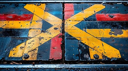  a close-up of a road sign painted on a metal fence with an arrow in red, yellow, and blue
