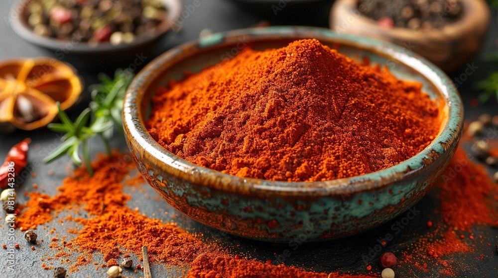 Poster close-up photo of a plate containing a bowl of food surrounded by an array of spices and seasonings 