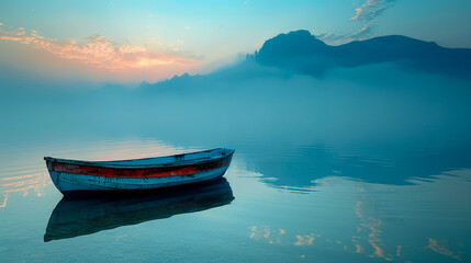 Idyllic tranquility: A fishing boat floats on a calm lake