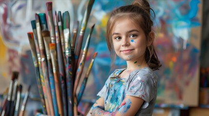 A little girl standing in front of paint brushes.
