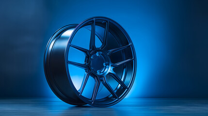 Blue alloy car rim on illuminated blue background