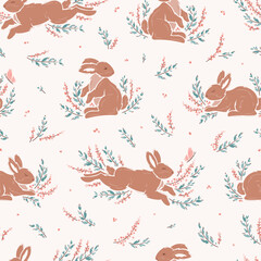 Rabbits. Bunnies and Flower Branches Seamless Floral Pattern. Spring or Summer Background with Brown Bunny, Leaves and Flowers. Hand drawing. Vector illustration.