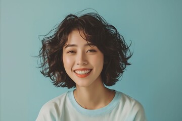 A young woman with curly hair smiling.