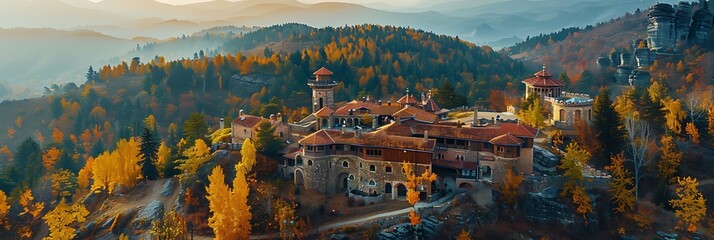 Aerial Autumn view of Belintash - ancient sanctuary dedicated to the god Sabazios at Rhodope...