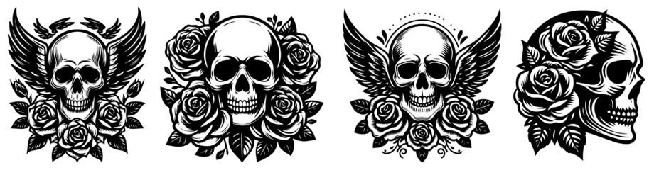 human skull bones decorated with roses flowers and leaves, black and white vector with transparent background, monochrome colorless illustration, decorative shape sketch for laser cutting engraving