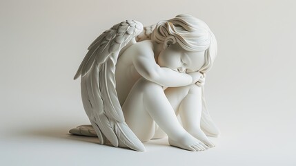 Fototapeta premium White porcelain statuette of a sitting and sleeping angel with folded wings. Illustration for varied design.