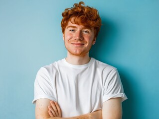 A man with red hair and freckles standing against a blue wall.
