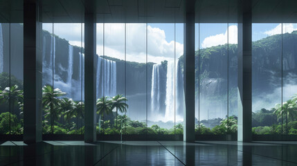 Panoramic window overlooking the waterfall and rainforest. Minimalist design