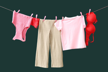Clean clothes and underwear on green background