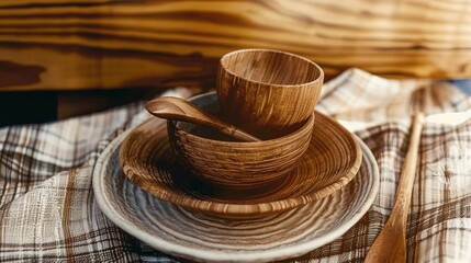   A wooden cup and saucer sit atop a plate, accompanied by a wooden spoon resting beside it
