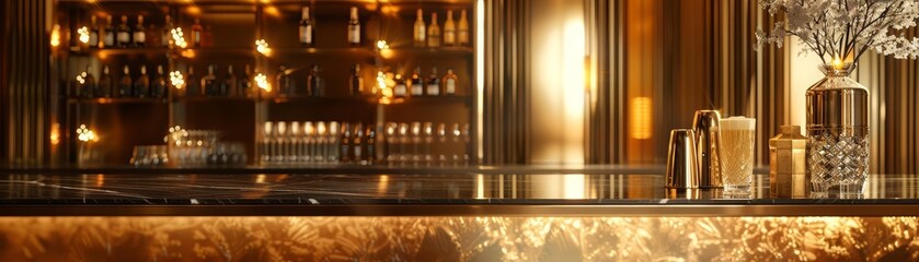 The bar counter is made of copper and has a shiny surface. There are many beer taps on the back wall.