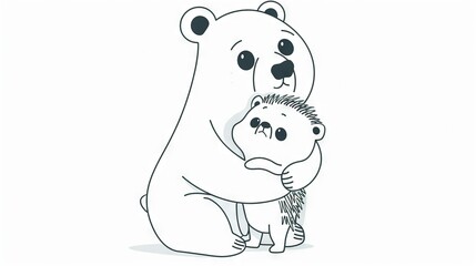   A monochrome illustration of a mother bear embracing her cub