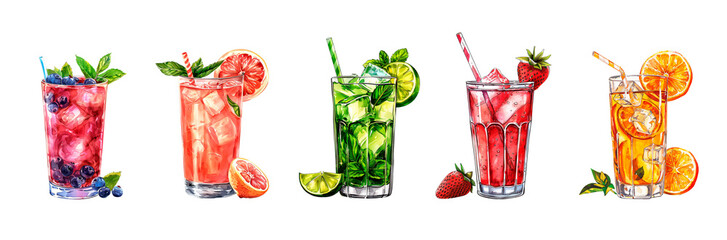 Assorted fresh fruit cocktails set. Watercolor illustration on transparent background. Beverage and summer drinks concept for design and print