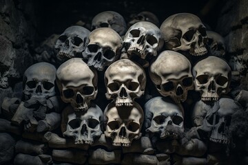 Haunting stack of human skulls presented in a dark, moody atmosphere