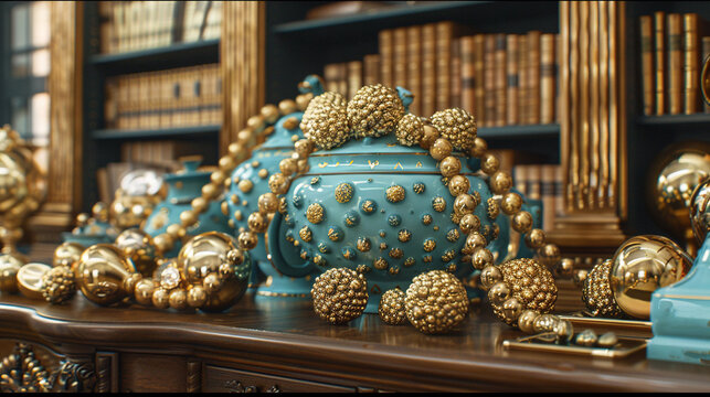  A bookshelf with blue vases adorned in gold rivets