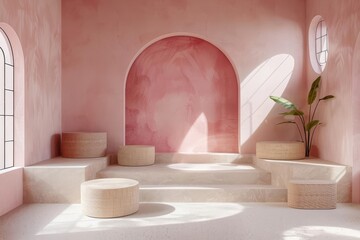 The image is a 3D rendering of a room with a pink background