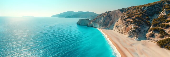 Aerial drone photo of paradise beach of Myrtos with crystal clear turquoise sea surrounded by steep...
