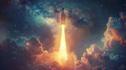 illustration of a cartoon fantasy image of a rocket launch. AI generated