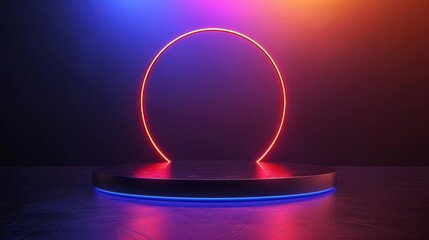 The image is a 3D rendering of a stage with a glowing neon circle and blue and orange spotlights. The stage is empty and has a dark background.
