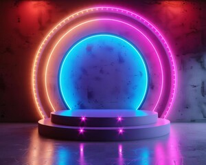 The image is a 3D rendering of a stage with a glowing neon circle and podium.