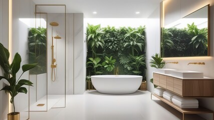 Stylish bathroom interior with modern tub and beautiful houseplants. Home design, cozy home, shower