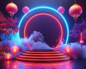 The image is a 3D rendering of a stage with a red carpet and a glowing blue and pink neon circle in the background