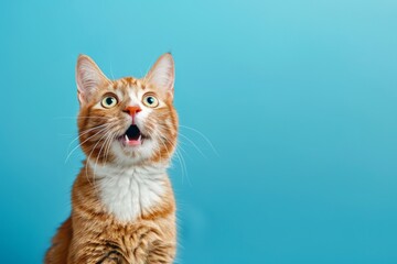 Adorable startled feline in red and white on a blue backdrop
